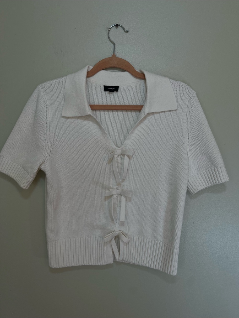 Express Cotton Collared V-Neck Bow Front Short Sleeve Sweater